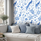 Blue Peacock Chinoiserie Peel and Stick Wallpaper – Classic Blue & White Floral Decor