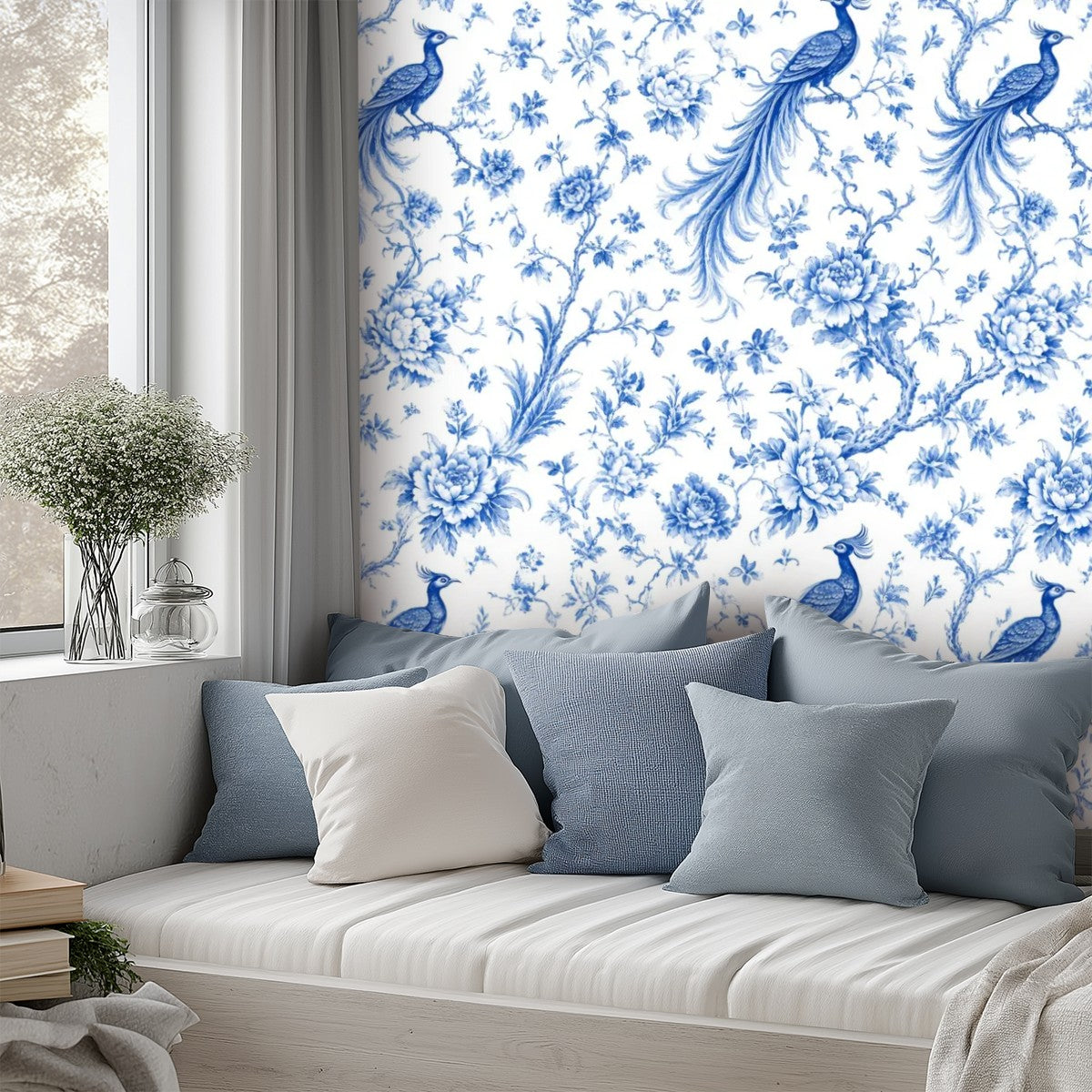 Blue Peacock Chinoiserie Peel and Stick Wallpaper – Classic Blue & White Floral Decor