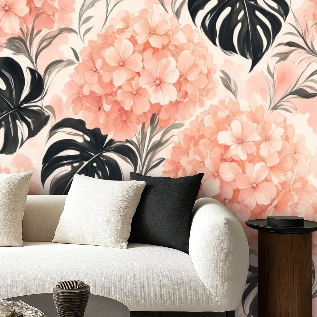 Blush Hydrangea Monstera Peel and Stick Wallpaper