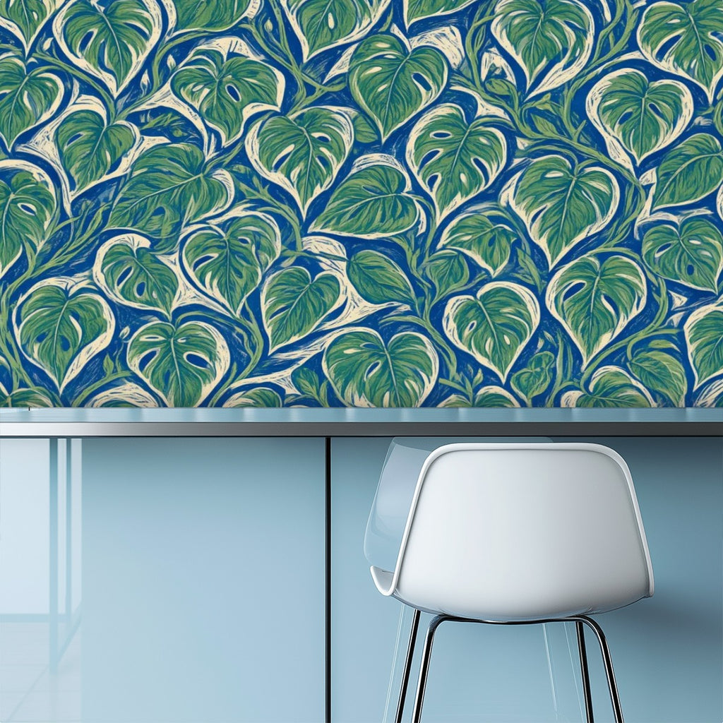 Teal Monstera Peel and Stick Wallpaper