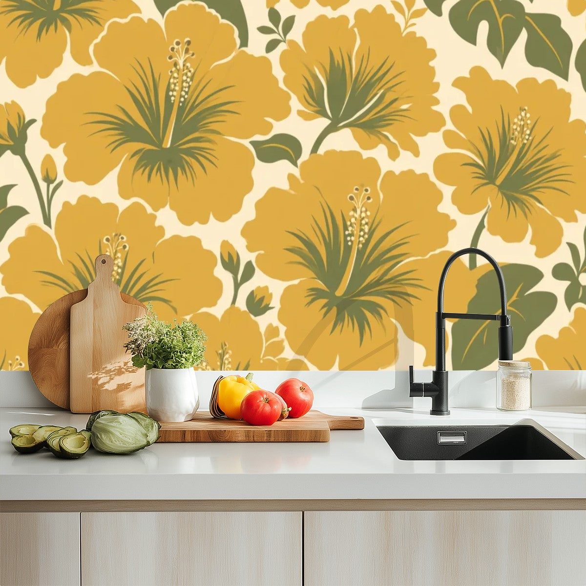 Mustard Vintage Hibiscus Peel and Stick Wallpaper