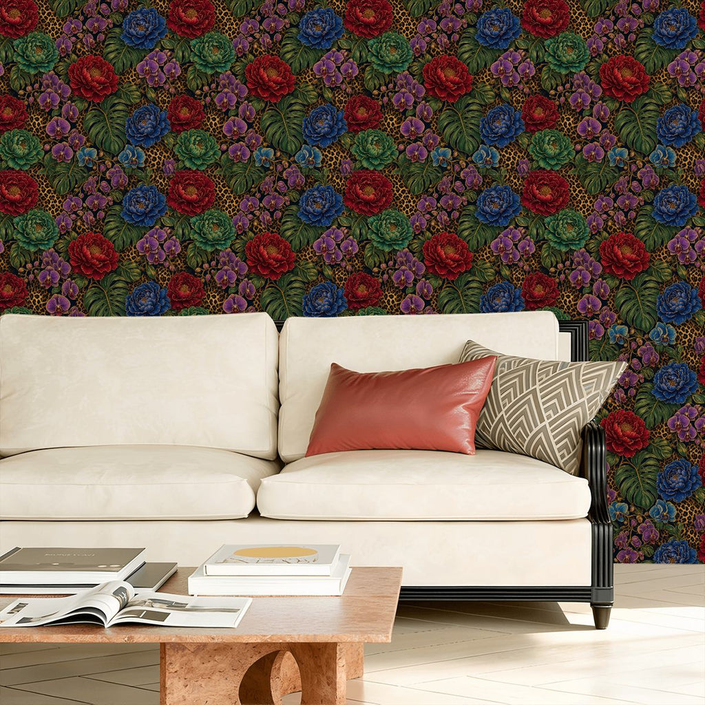 Leopard Garden Peel and Stick Wallpaper | Peony, Orchid & Monstera