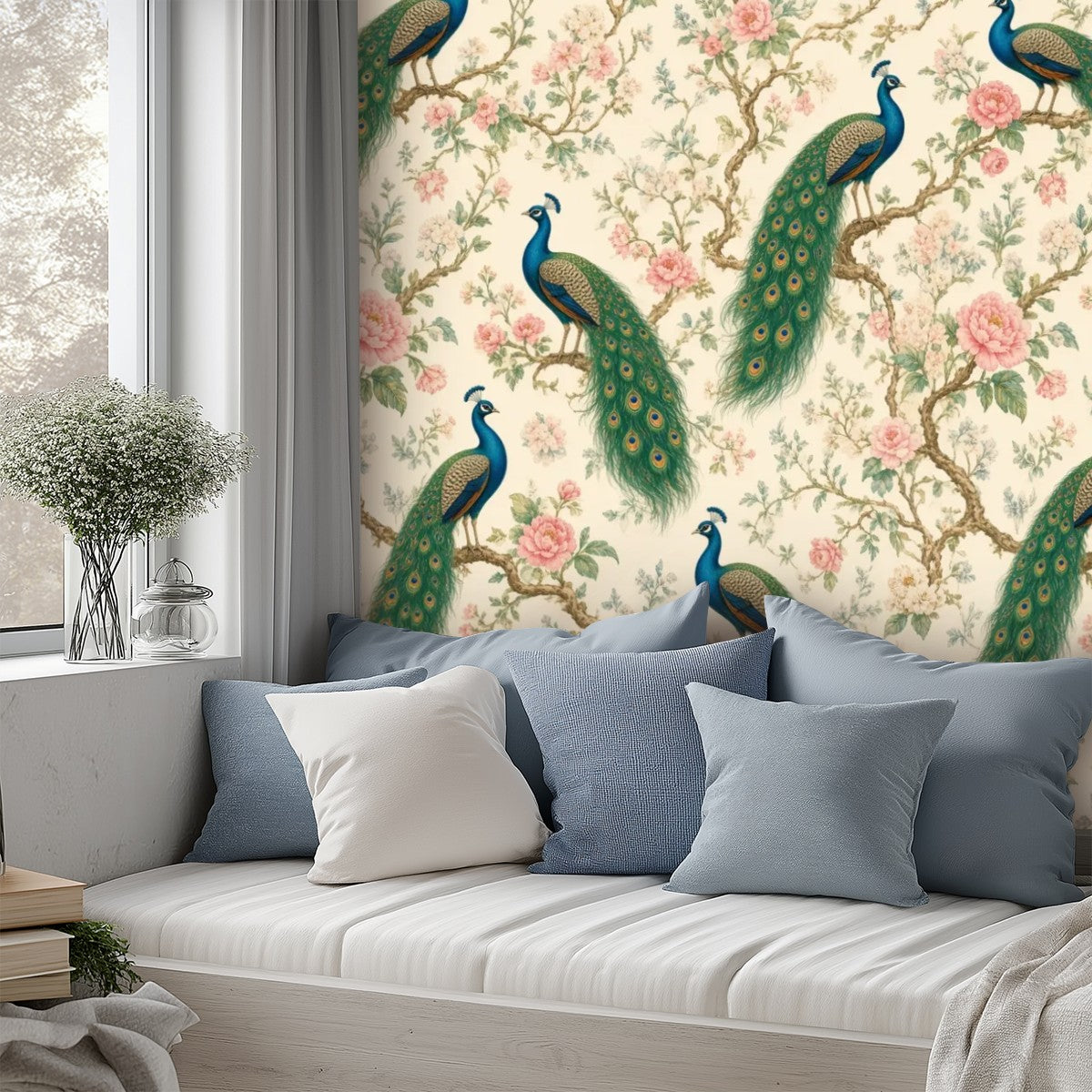 Peacock Chinoiserie Peel and Stick Wallpaper – Grand Botanical & Heritage Maximalist Decor