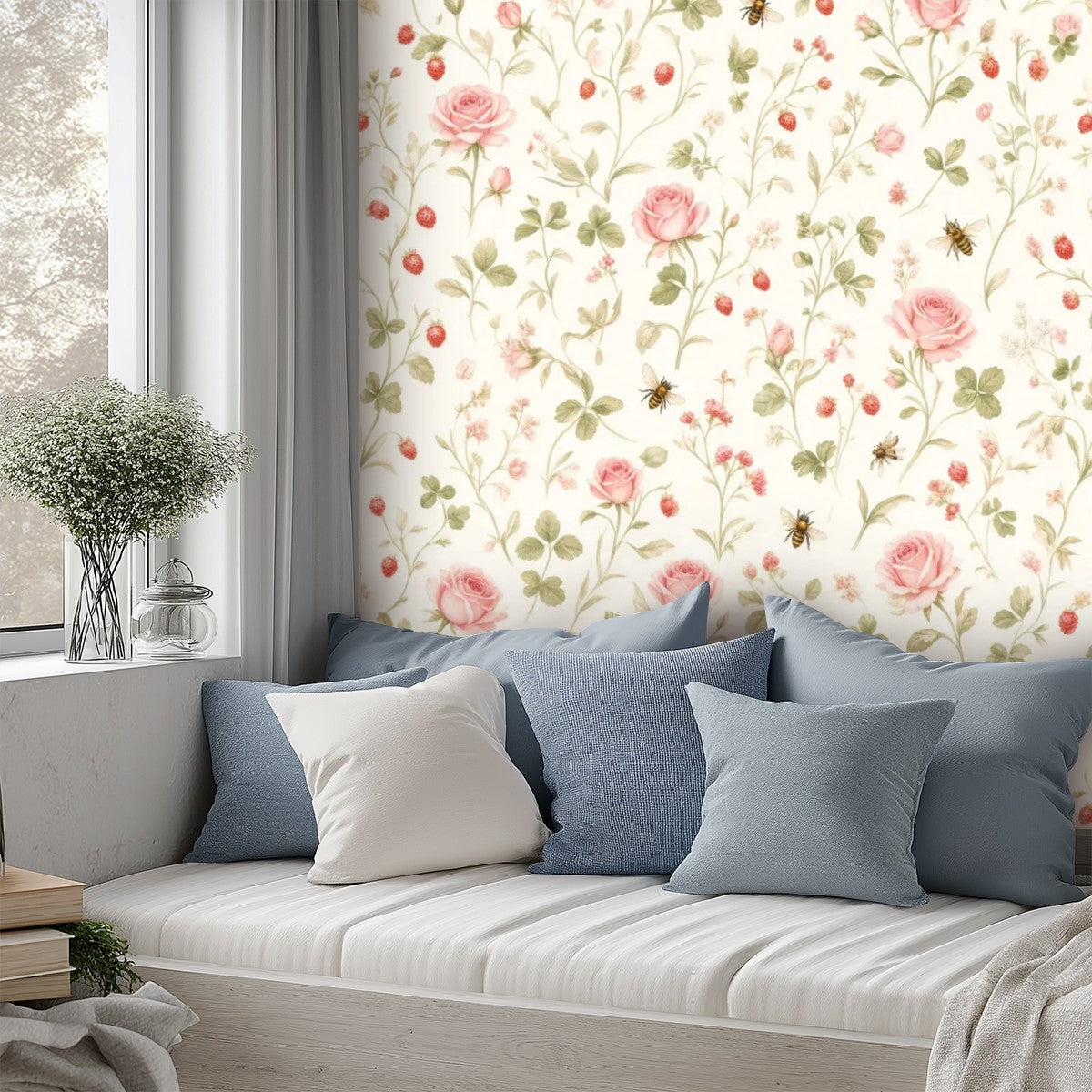Pink Rose Garden Peel and Stick Wallpaper – Floral Nursery & Cottagecore Kids Room