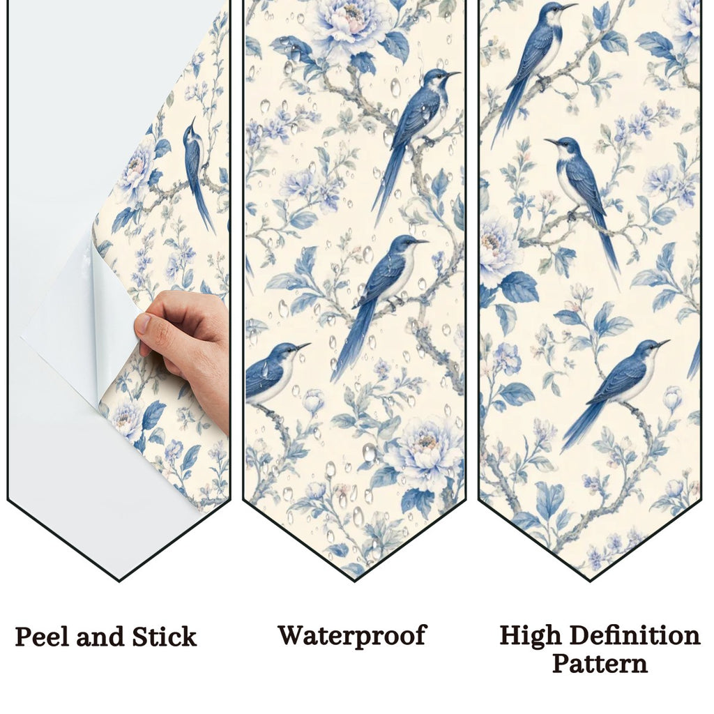Indigo Birds & Botanical Peel and Stick Wallpaper – Moody Nature & Sophisticated Heritage Decor
