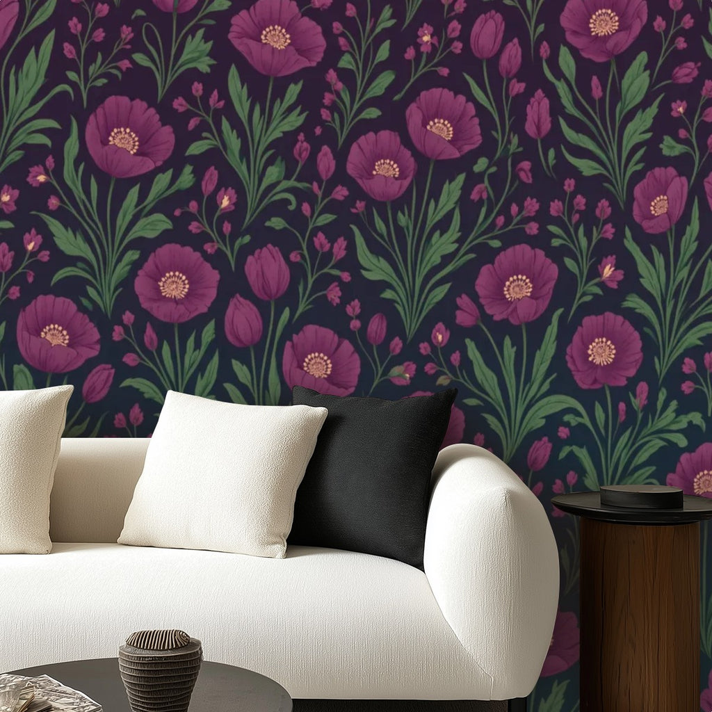 Dark Plum Folk Floral Peel and Stick Wallpaper