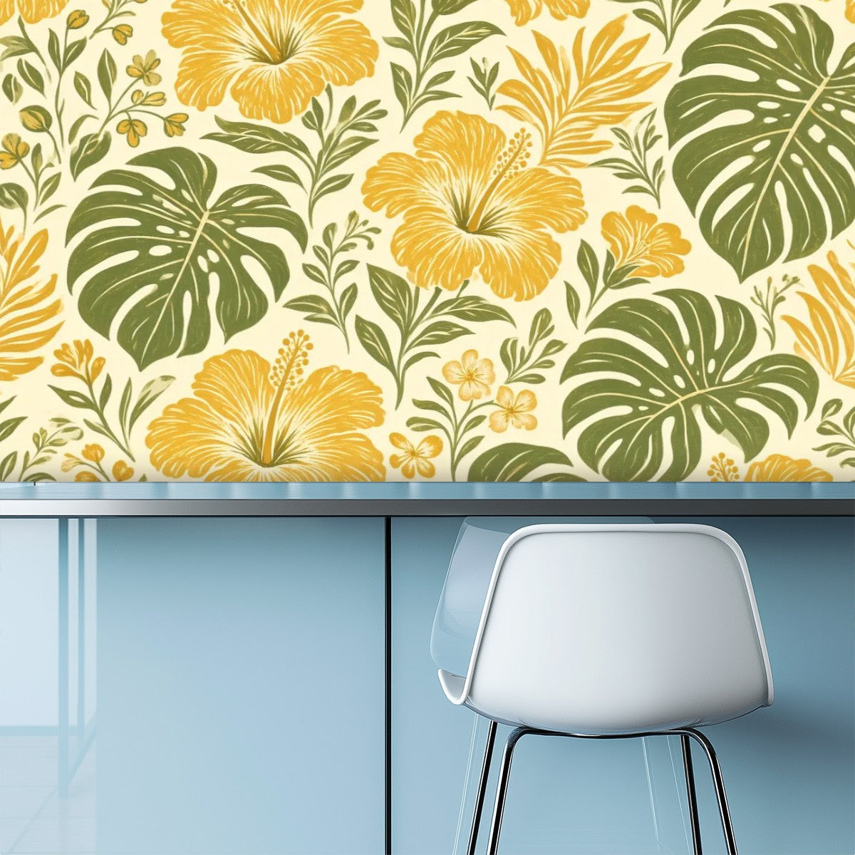Golden Hibiscus and Monstera Peel and Stick Wallpaper
