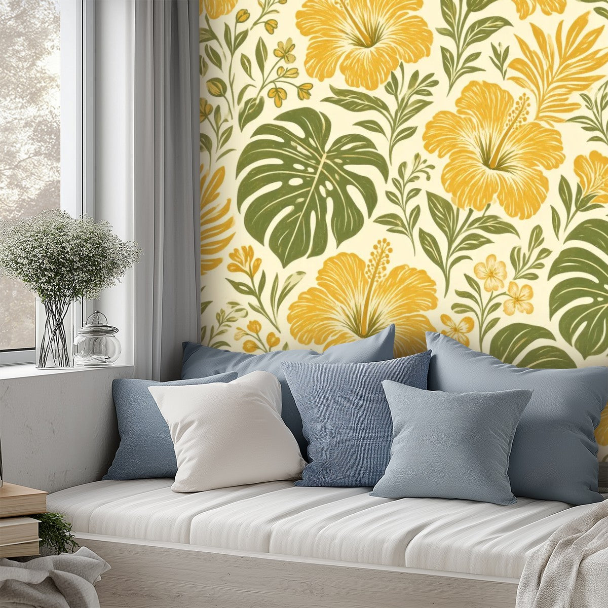 Golden Hibiscus and Monstera Peel and Stick Wallpaper
