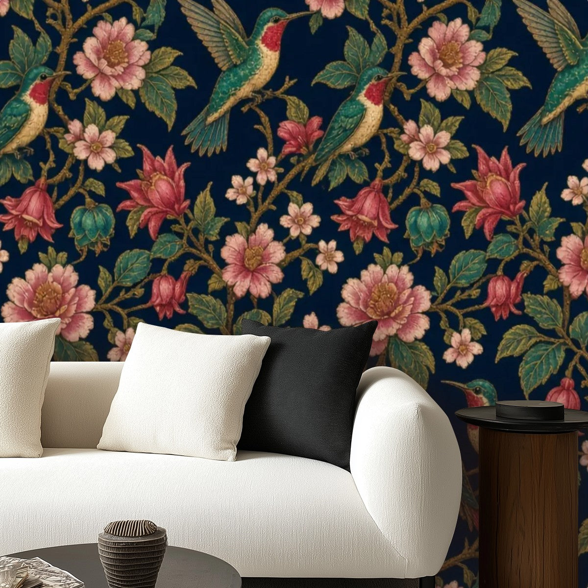 Hummingbird & Peony Peel and Stick Wallpaper – Dark Floral Maximalist & Jewel-Tone Decor