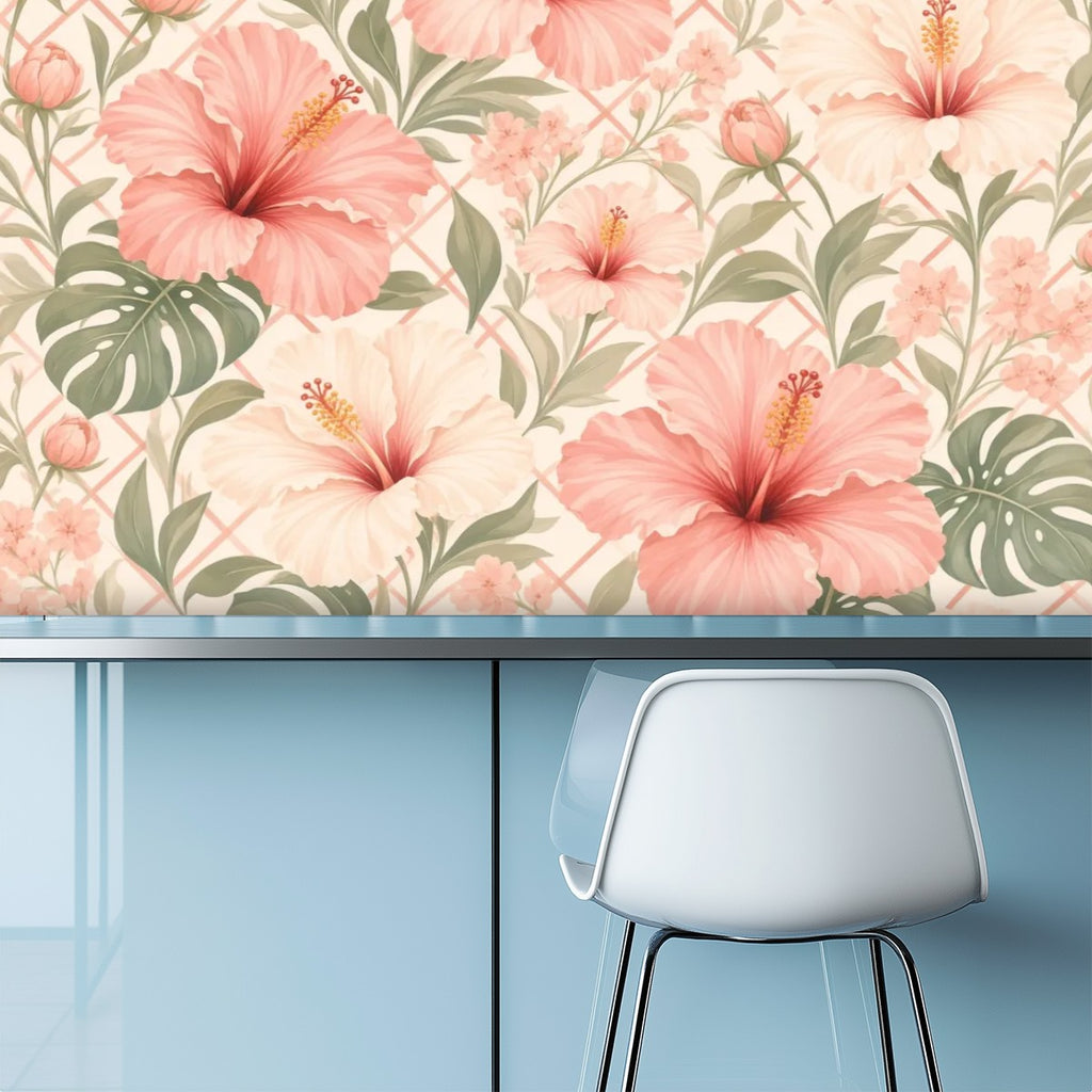 Peach Hibiscus and Monstera Peel and Stick Wallpaper