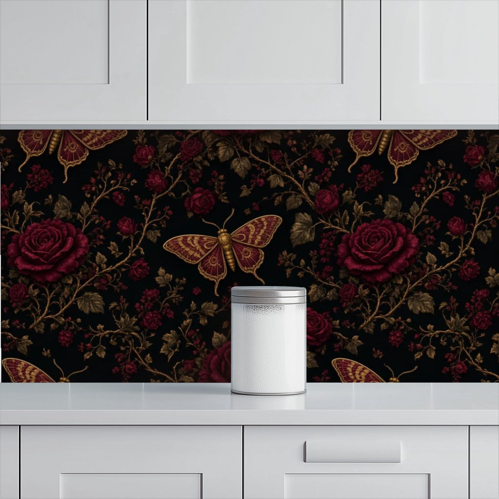 Dark Moth & Rose Peel and Stick Wallpaper – Moody Floral & Gothic Bedroom Decor