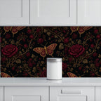 Dark Moth & Rose Peel and Stick Wallpaper – Moody Floral & Gothic Bedroom Decor