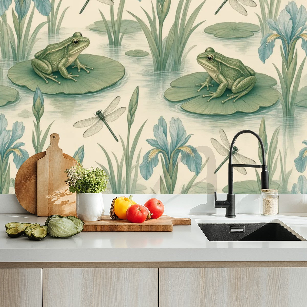 Lily Pad Frogs Peel and Stick Wallpaper – Whimsical Nature Nursery & Botanical Decor