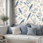 Indigo Birds & Botanical Peel and Stick Wallpaper – Moody Nature & Sophisticated Heritage Decor