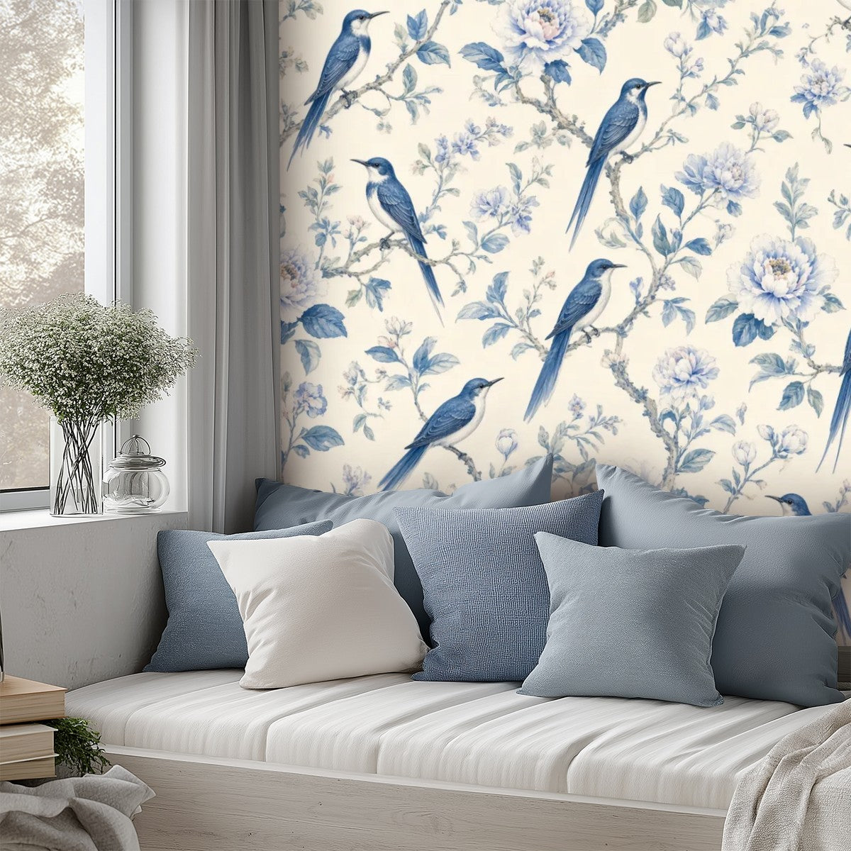 Indigo Birds & Botanical Peel and Stick Wallpaper – Moody Nature & Sophisticated Heritage Decor