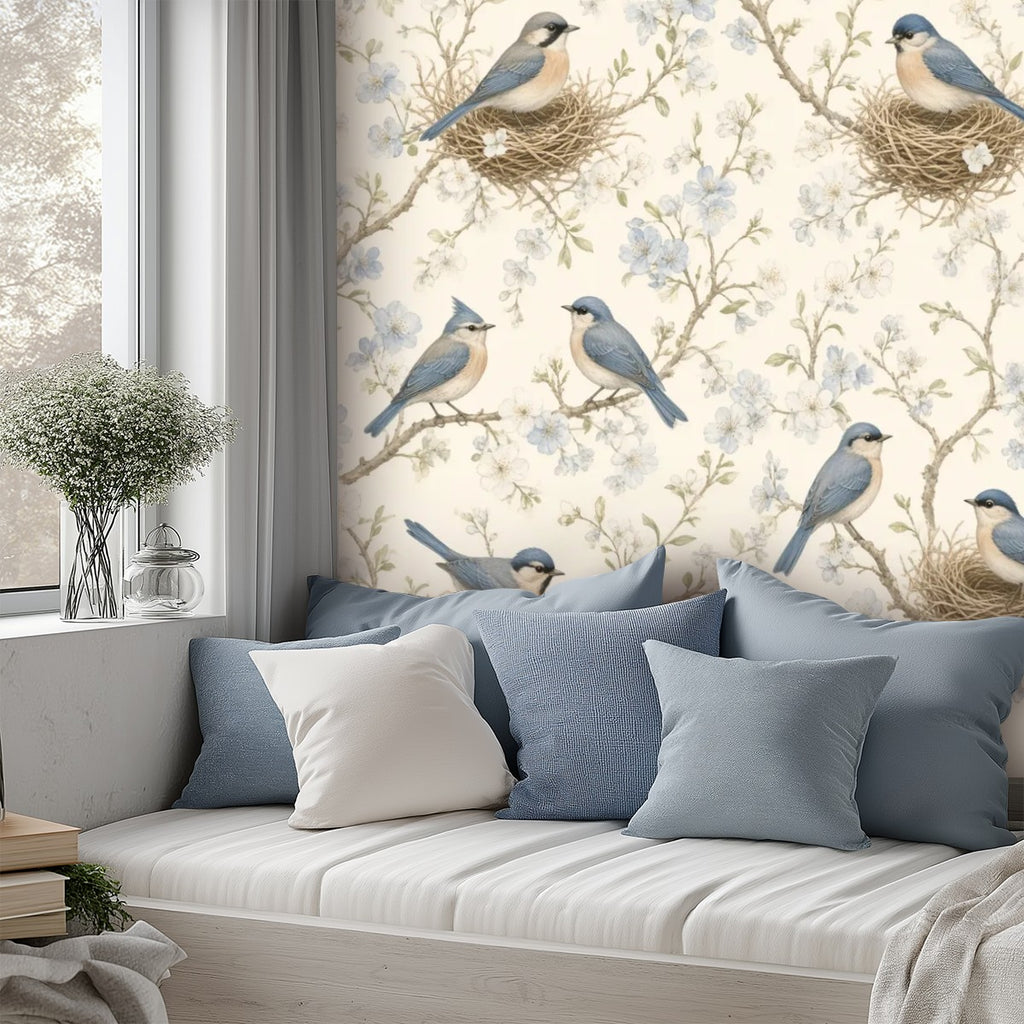 Nesting Birds Peel and Stick Wallpaper – Nature Nursery & Botanical Kids Room