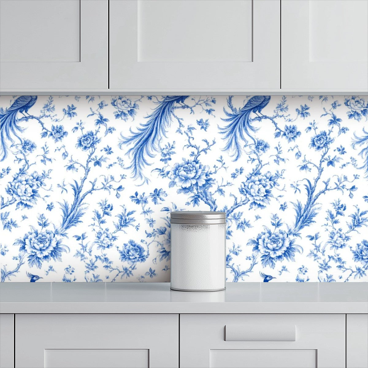 Blue Peacock Chinoiserie Peel and Stick Wallpaper – Classic Blue & White Floral Decor