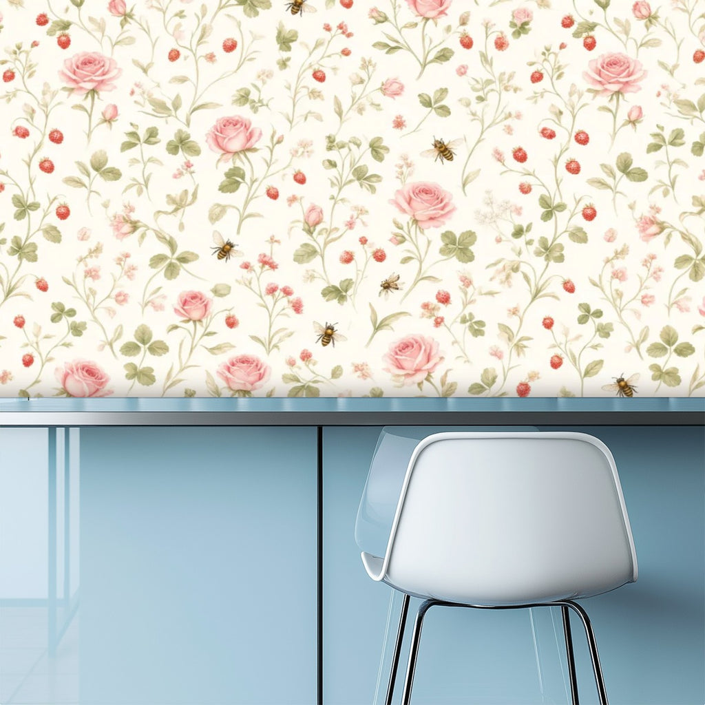 Pink Rose Garden Peel and Stick Wallpaper – Floral Nursery & Cottagecore Kids Room