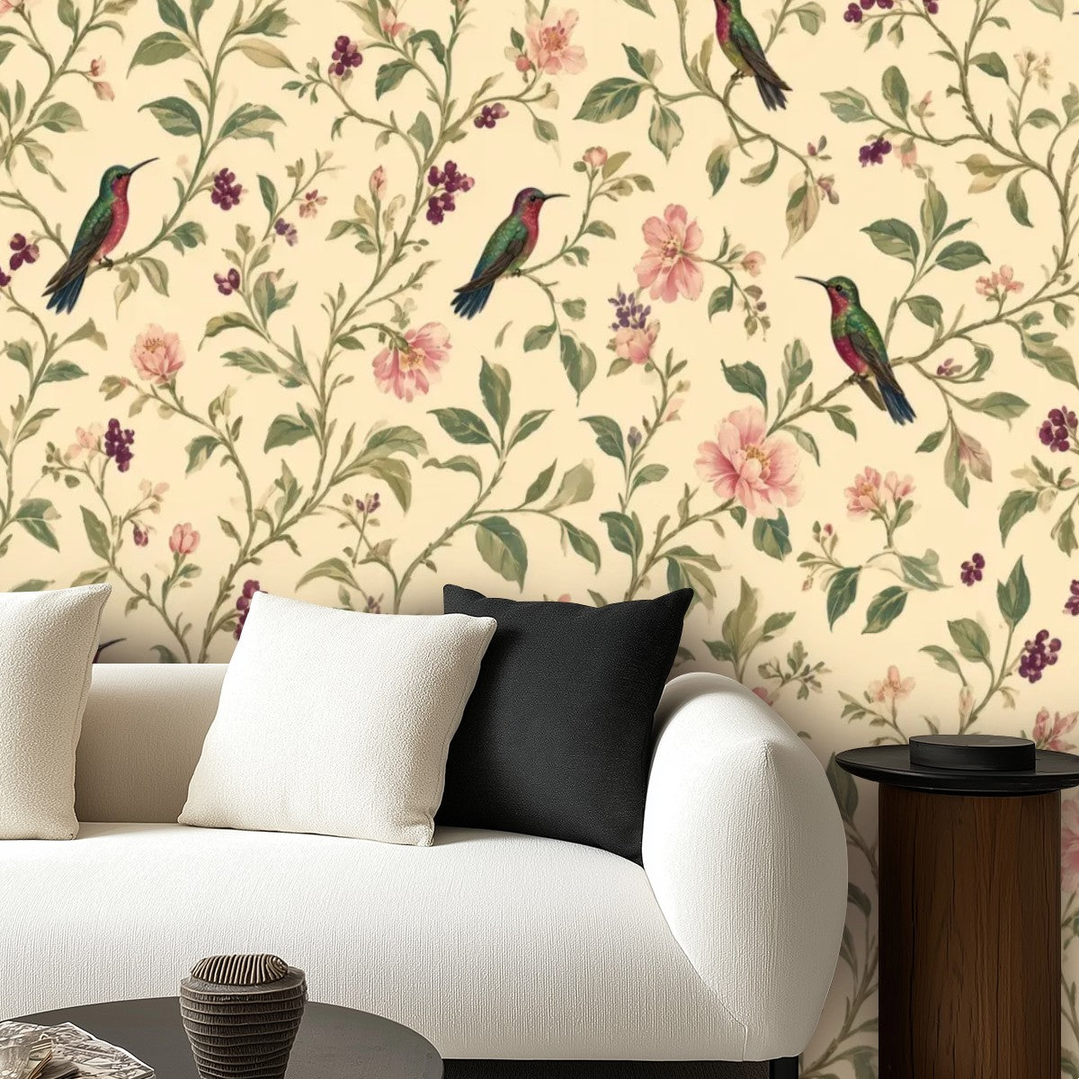 Garden Birds & Roses Peel and Stick Wallpaper – Romantic Botanical & Cottagecore Decor