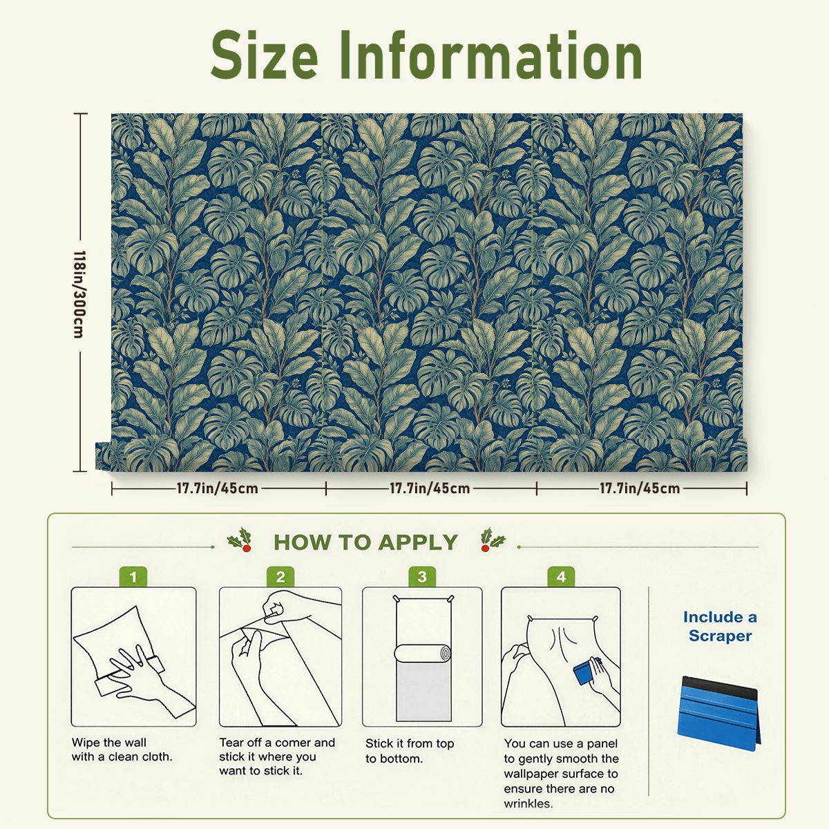 Navy Monstera Botanical Peel and Stick Wallpaper – 17.7"x118"