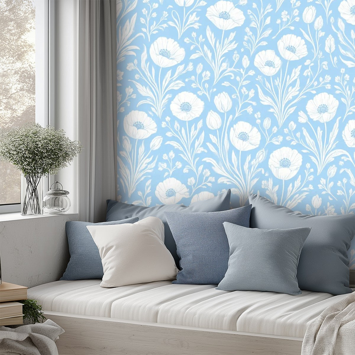 Sky Blue Wildflower Peel and Stick Wallpaper