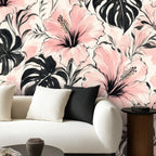 Pink Hibiscus and Monstera Peel and Stick Wallpaper