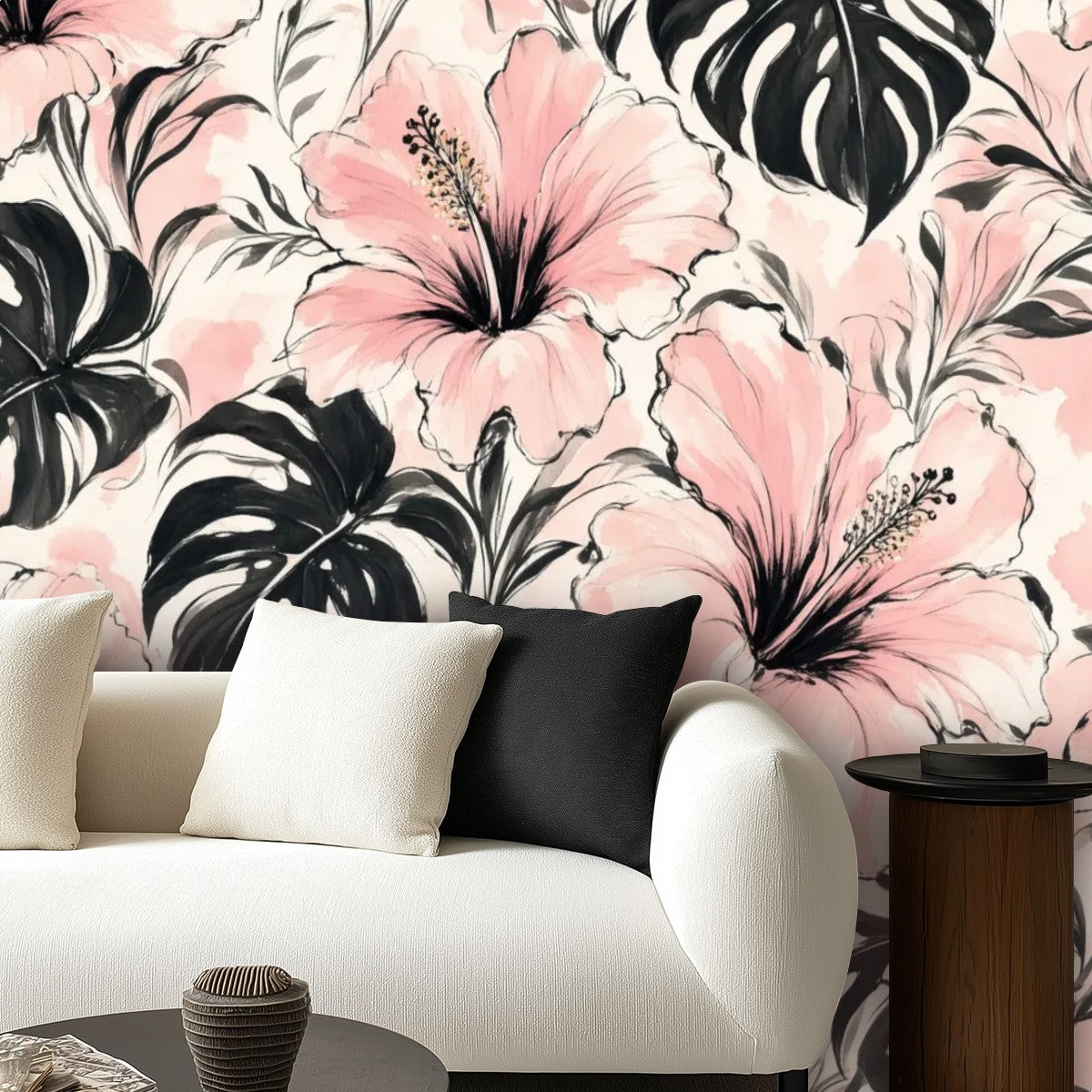 Pink Hibiscus and Monstera Peel and Stick Wallpaper