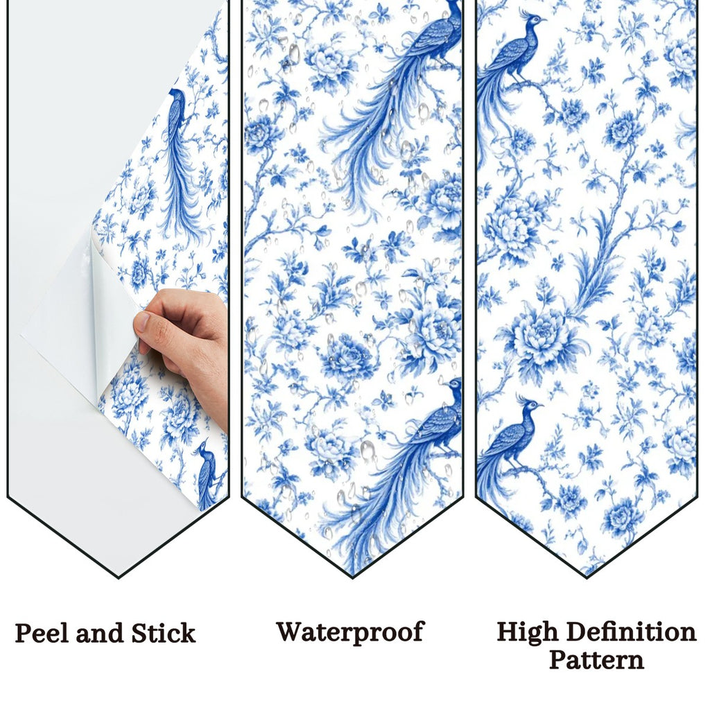 Blue Peacock Chinoiserie Peel and Stick Wallpaper – Classic Blue & White Floral Decor