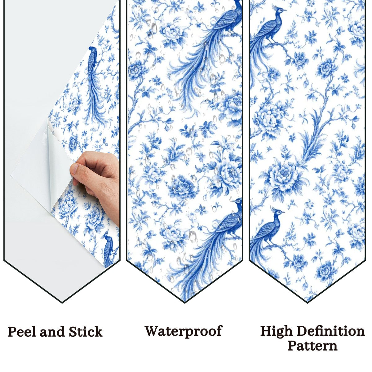 Blue Peacock Chinoiserie Peel and Stick Wallpaper – Classic Blue & White Floral Decor