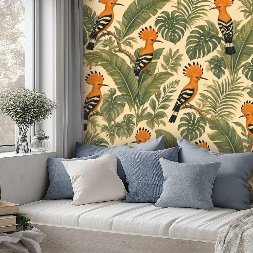 Hoopoe Bird Tropical Jungle Peel and Stick Wallpaper – Exotic Maximalist & Botanical Decor