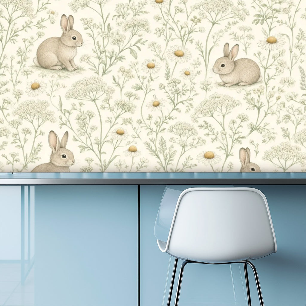 Bunny Wildflower Meadow Peel and Stick Wallpaper – Soft Scandi Nature & Sweet Nursery Decor