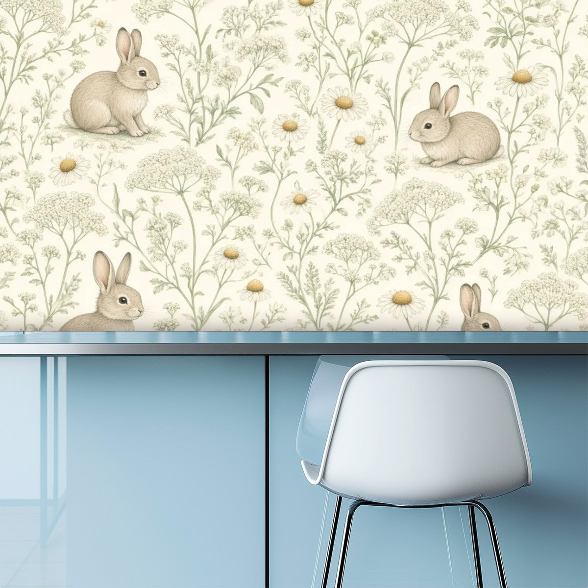 Bunny Wildflower Meadow Peel and Stick Wallpaper – Soft Scandi Nature & Sweet Nursery Decor