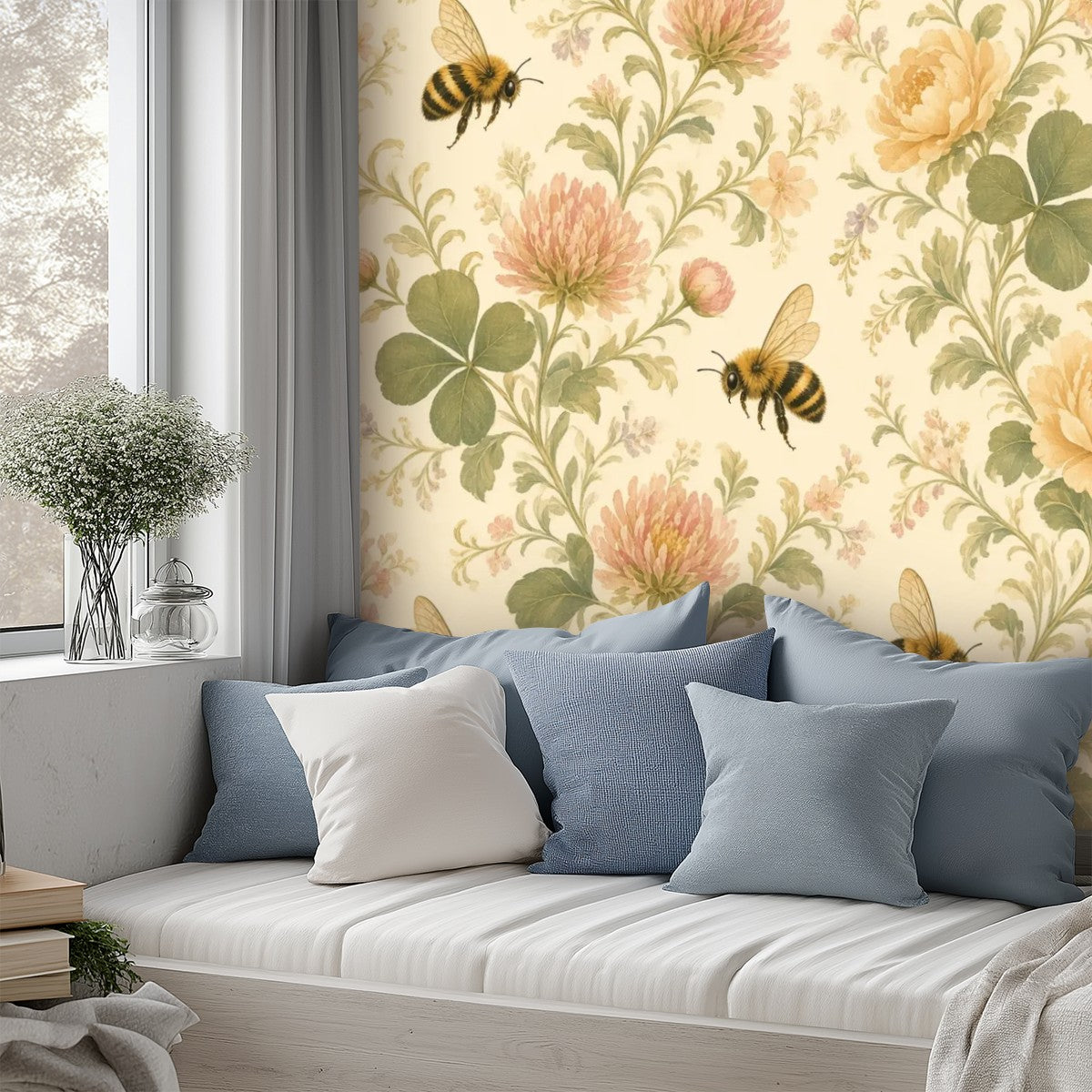 Honey Bee Botanical Peel and Stick Wallpaper – Soft Watercolour Floral & Warm Cottage Decor