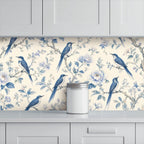 Indigo Birds & Botanical Peel and Stick Wallpaper – Moody Nature & Sophisticated Heritage Decor