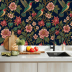 Hummingbird & Peony Peel and Stick Wallpaper – Dark Floral Maximalist & Jewel-Tone Decor