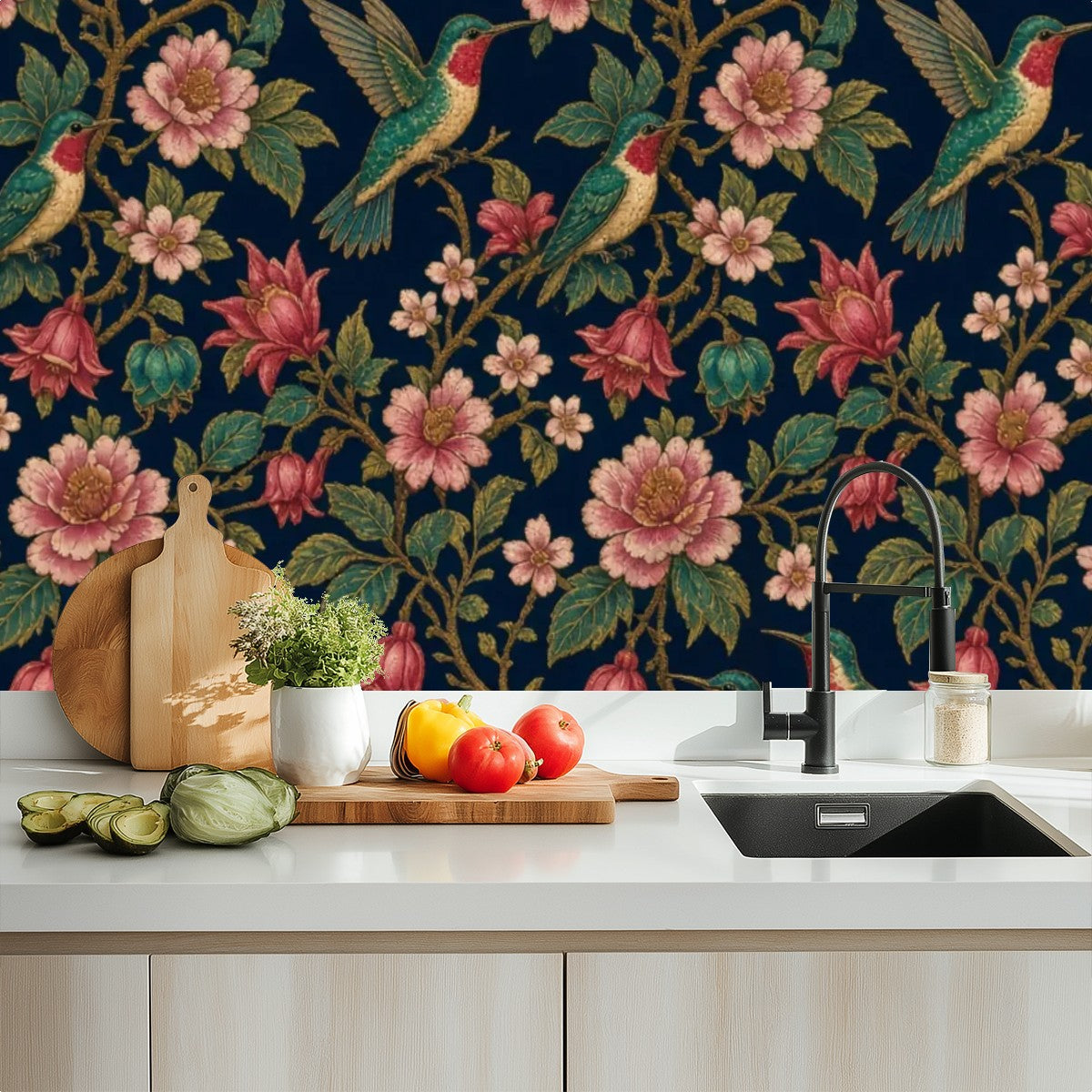 Hummingbird & Peony Peel and Stick Wallpaper – Dark Floral Maximalist & Jewel-Tone Decor