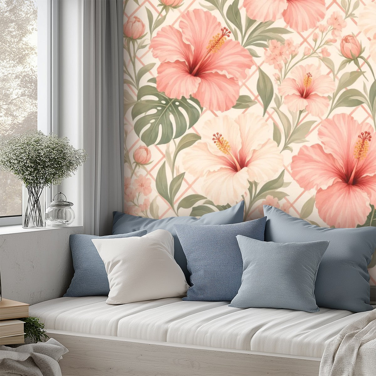Peach Hibiscus and Monstera Peel and Stick Wallpaper