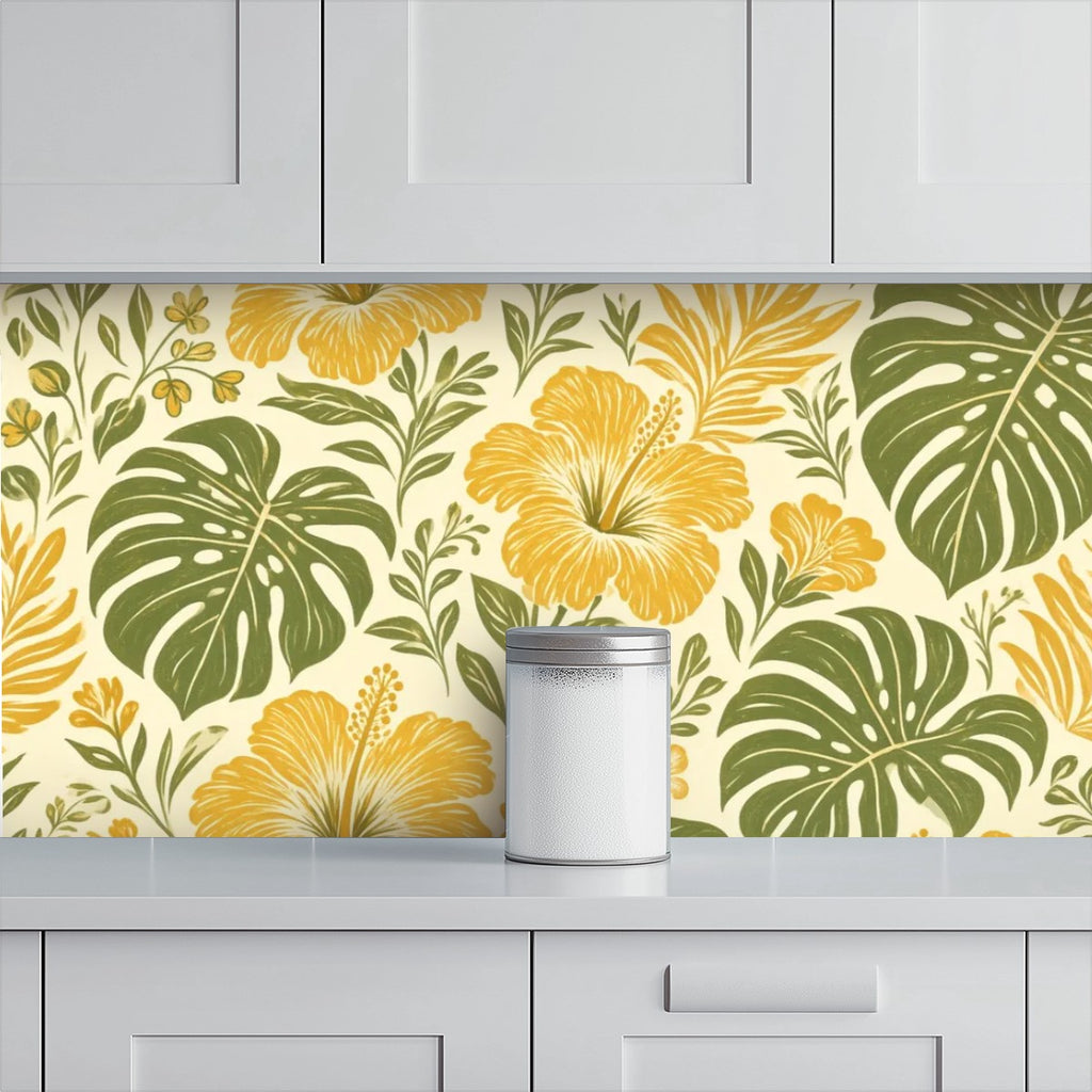 Golden Hibiscus and Monstera Peel and Stick Wallpaper