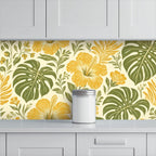 Golden Hibiscus and Monstera Peel and Stick Wallpaper