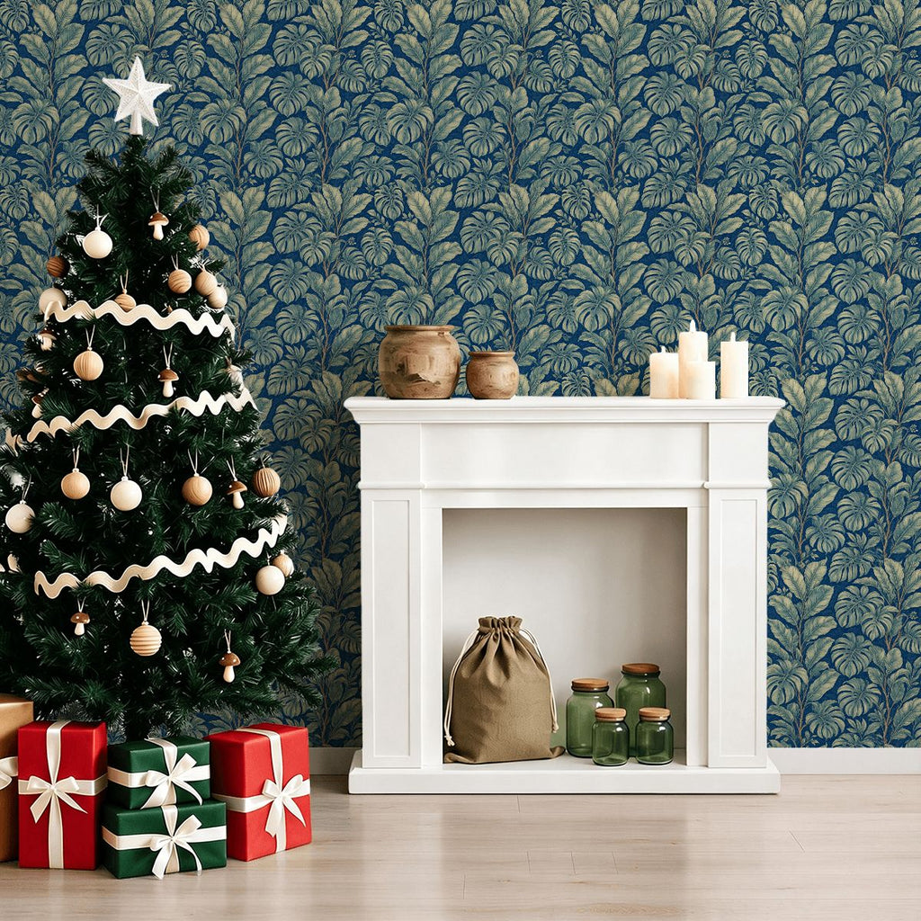 Navy Monstera Botanical Peel and Stick Wallpaper – 17.7"x118"