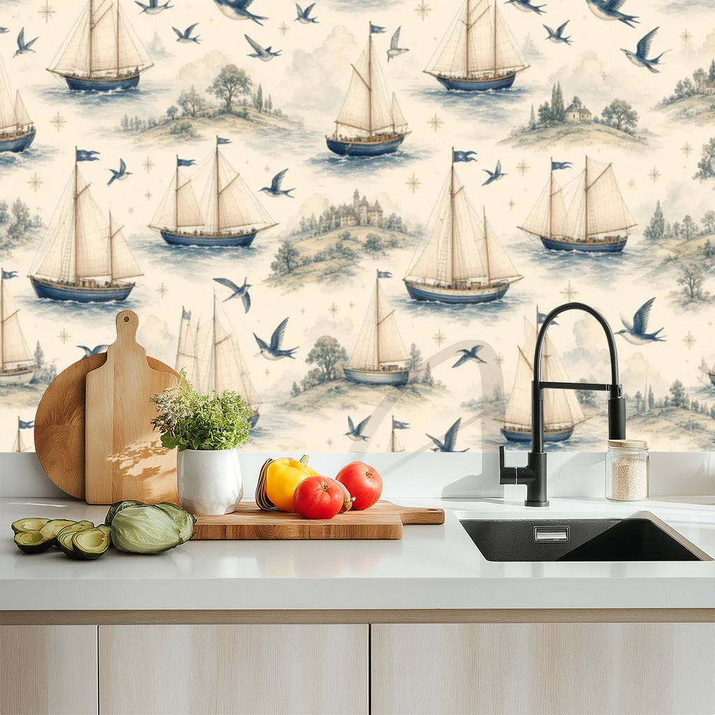 Nautical Sailboat Peel and Stick Wallpaper – Kids Room, Nursery & Coastal Decor