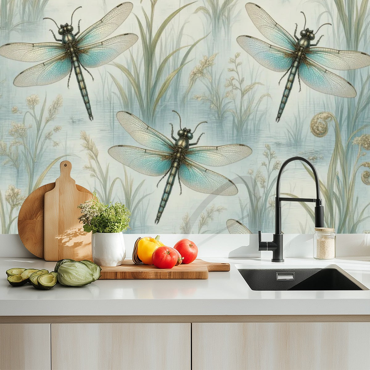 Dragonfly Celadon Peel and Stick Wallpaper – Zen Botanical & Nature-Inspired Decor