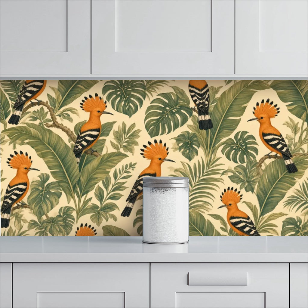 Hoopoe Bird Tropical Jungle Peel and Stick Wallpaper – Exotic Maximalist & Botanical Decor