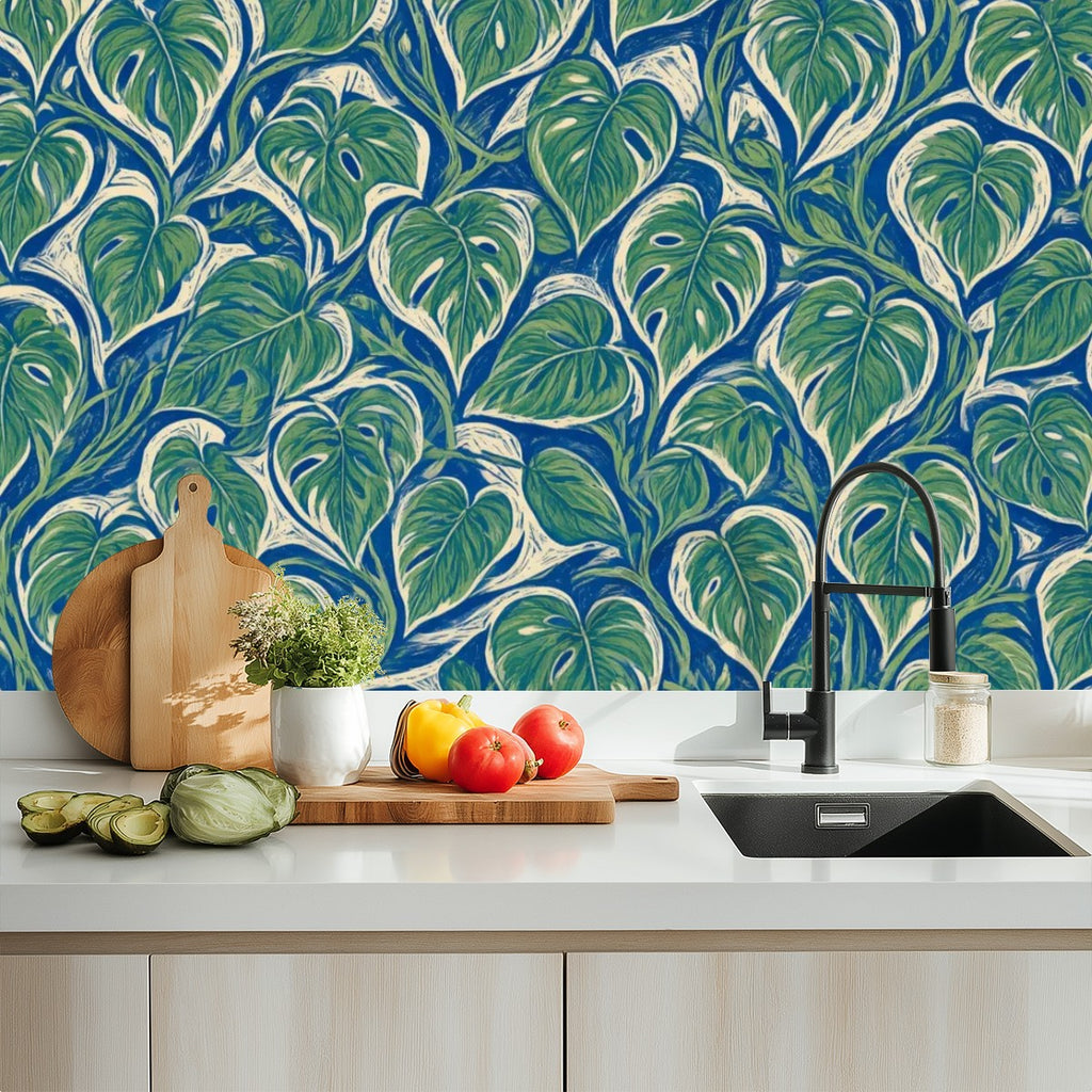 Teal Monstera Peel and Stick Wallpaper