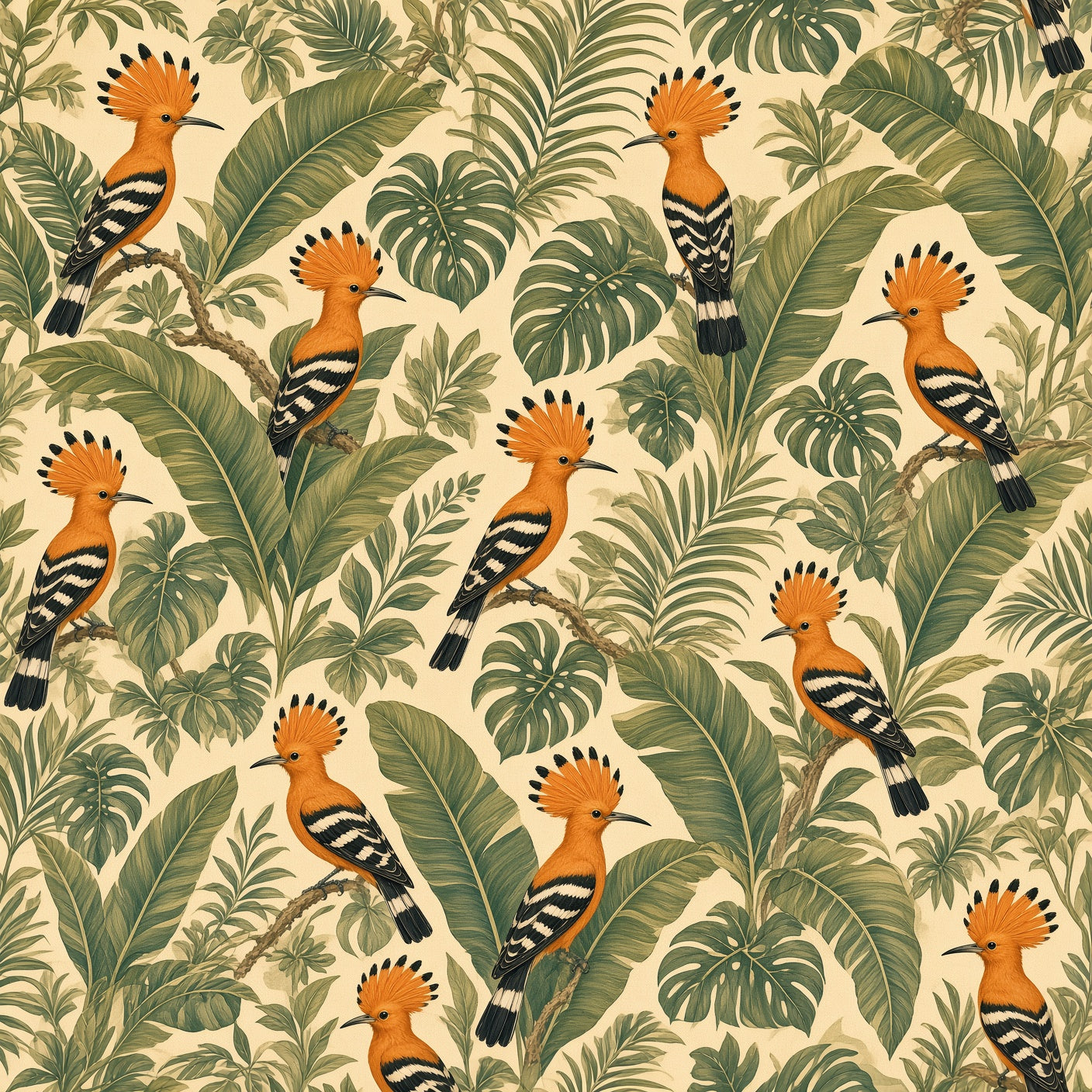 Hoopoe Bird Tropical Jungle Peel and Stick Wallpaper – Exotic Maximalist & Botanical Decor