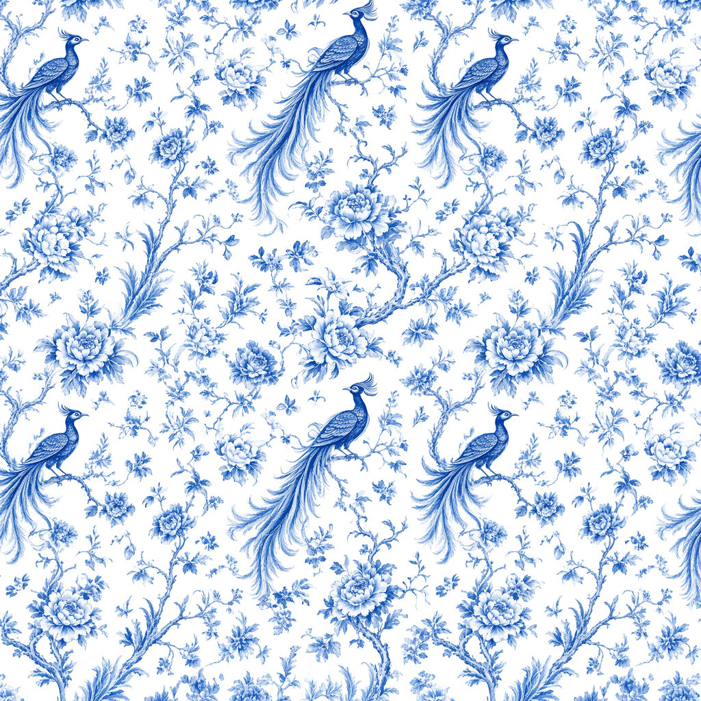 Blue Peacock Chinoiserie Peel and Stick Wallpaper – Classic Blue & White Floral Decor