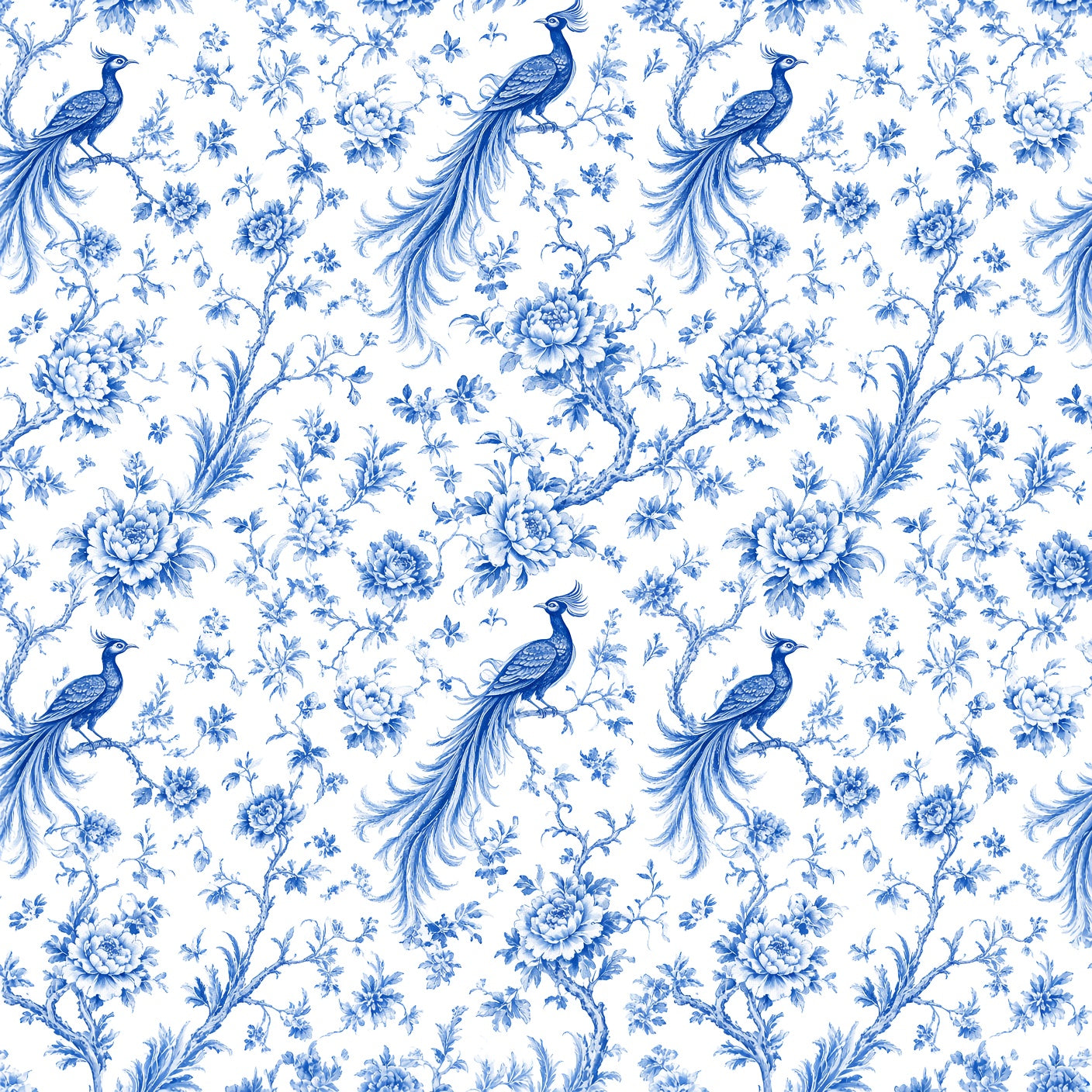 Blue Peacock Chinoiserie Peel and Stick Wallpaper – Classic Blue & White Floral Decor