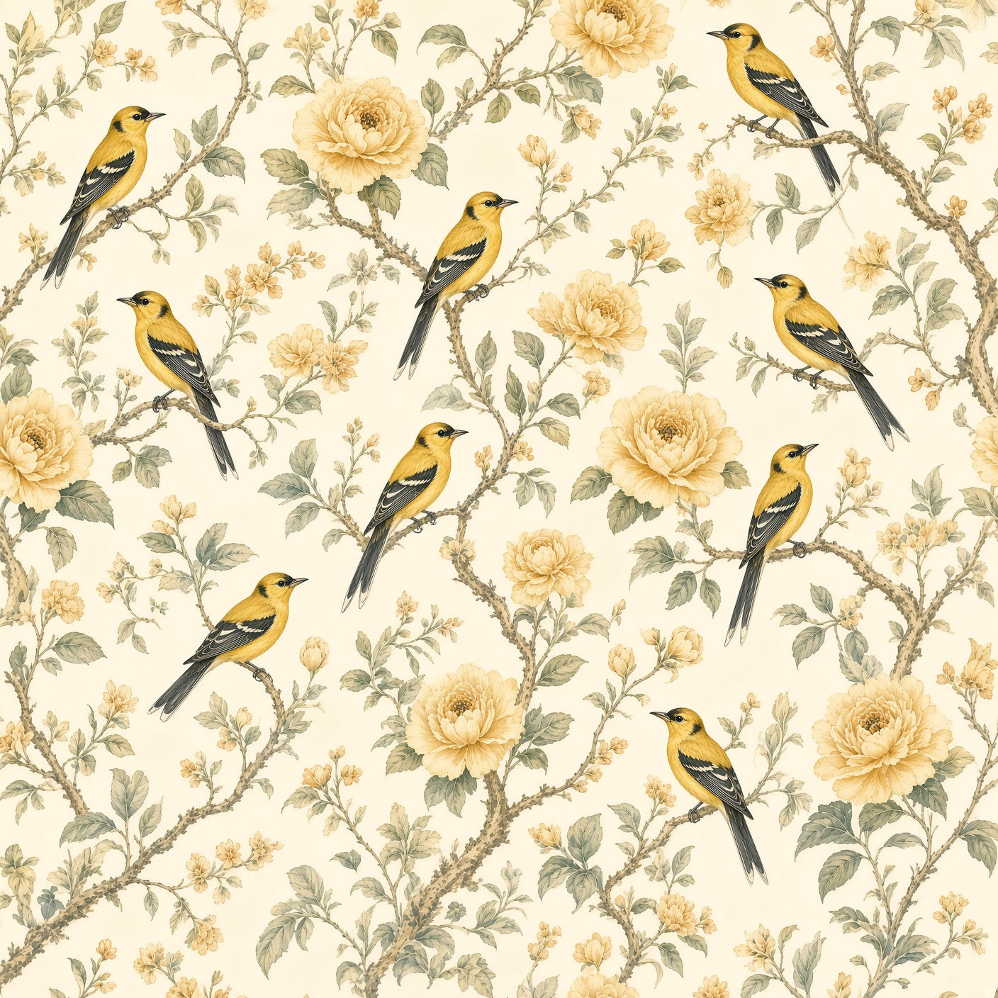 Yellow Birds & Roses Botanical Peel and Stick Wallpaper – Cheerful Nature & Classic Floral Decor