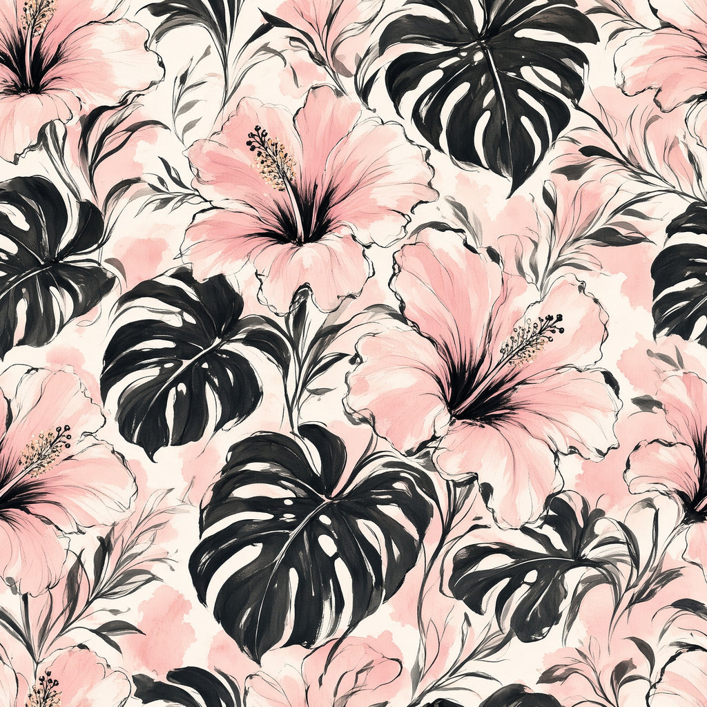 Pink Hibiscus and Monstera Peel and Stick Wallpaper