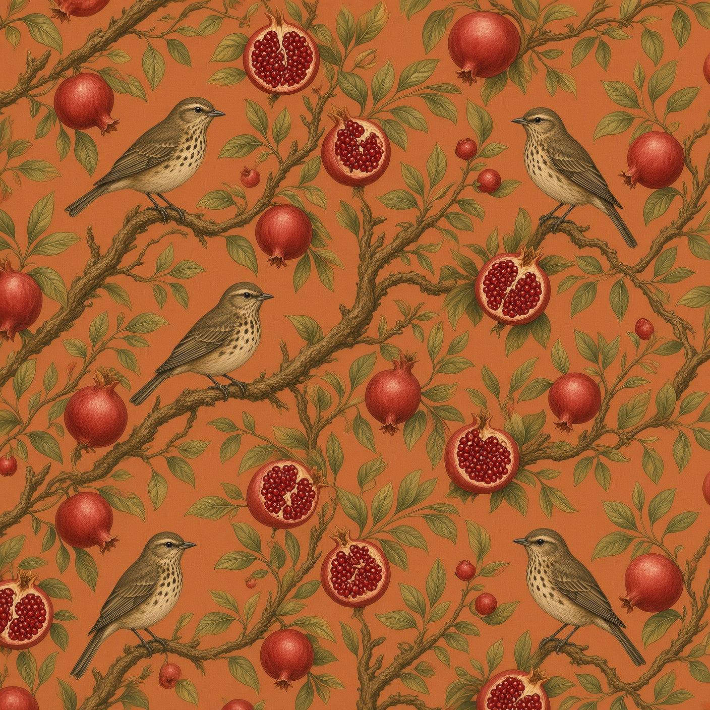 Pomegranate & Birds Peel and Stick Wallpaper – Terracotta Botanical & Heritage Decor